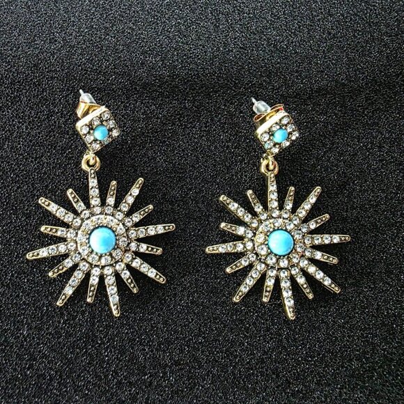 Adornia 14K Yellow Gold Plated Turquoise Swarovski Crystal Accented Starbursts - Picture 1 of 5